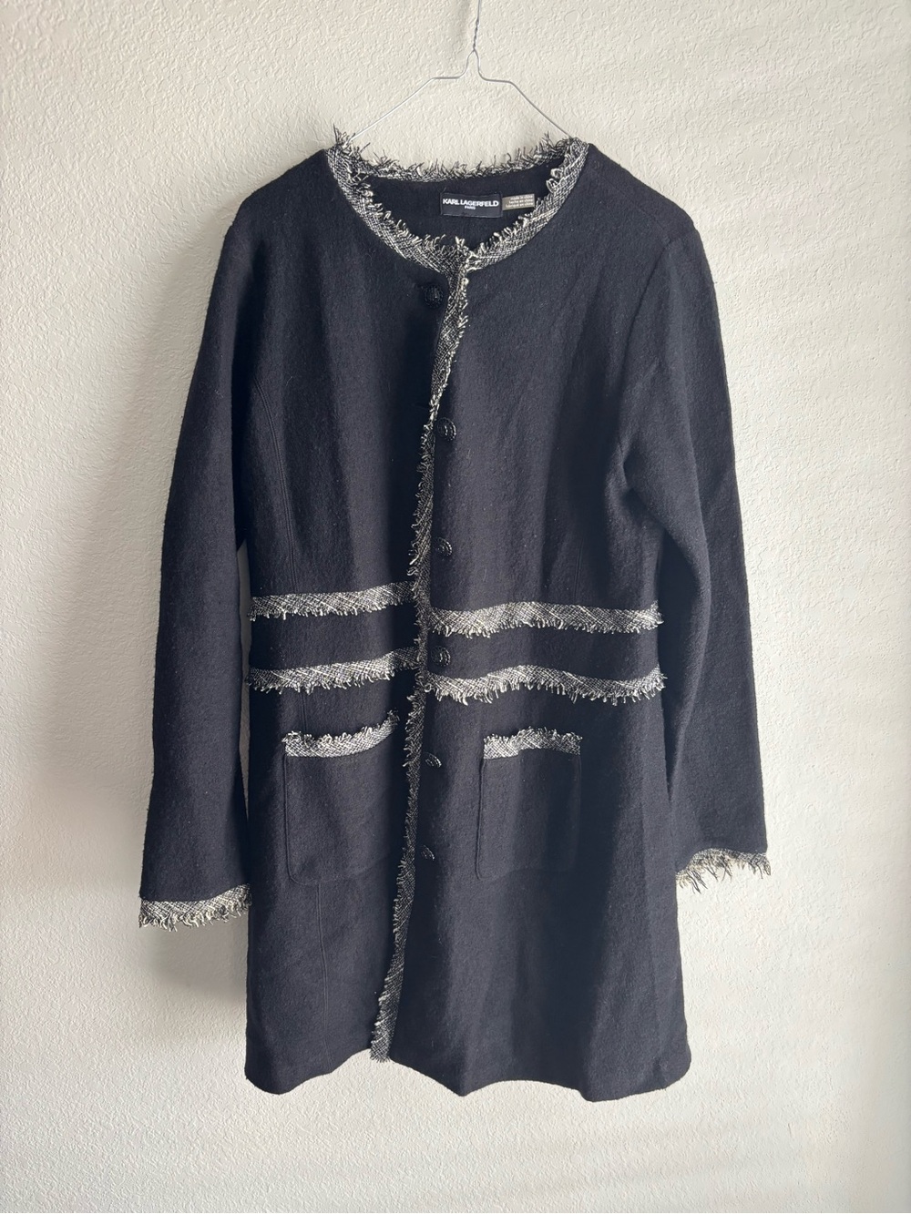 Karl Lagerfeld Black Long Fringe-Trim Coat Jacket